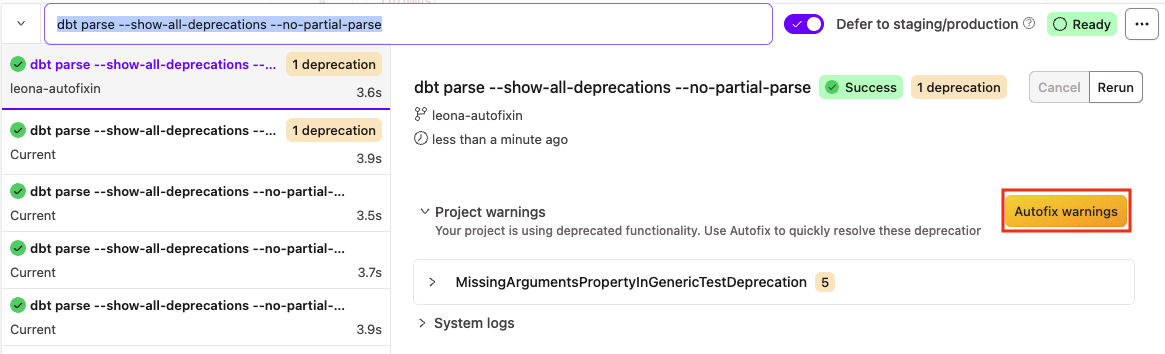 Click Autofix warnings to resolve deprecations automatically Click Autofix warnings to resolve deprecations automatically